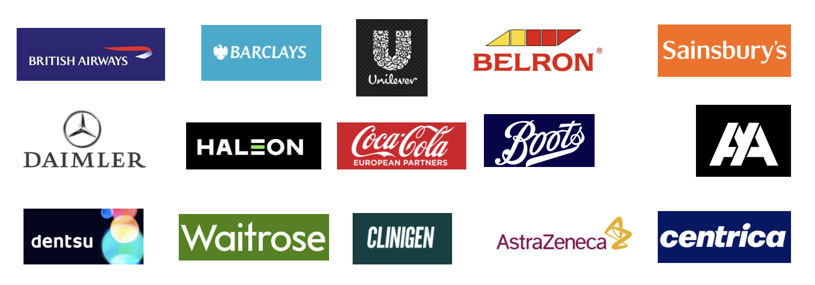 Client logos including British Airways, Barclays, Unilever, Belron, Sainsbury's, Daimler, Haleon, Coca-Cola, Boots, AA, Dentsu, Waitrose, Clinigen, AstraZeneca, and Centrica